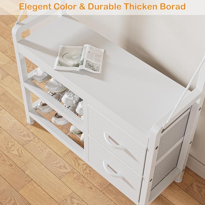 Lulive Hall Tree, 31.5” Entryway Bench with Coat Rack freestanding, 5 in 1 Intelligent Design Shoe Bench and Wall Rack 17 Hooks and Drawers (White)