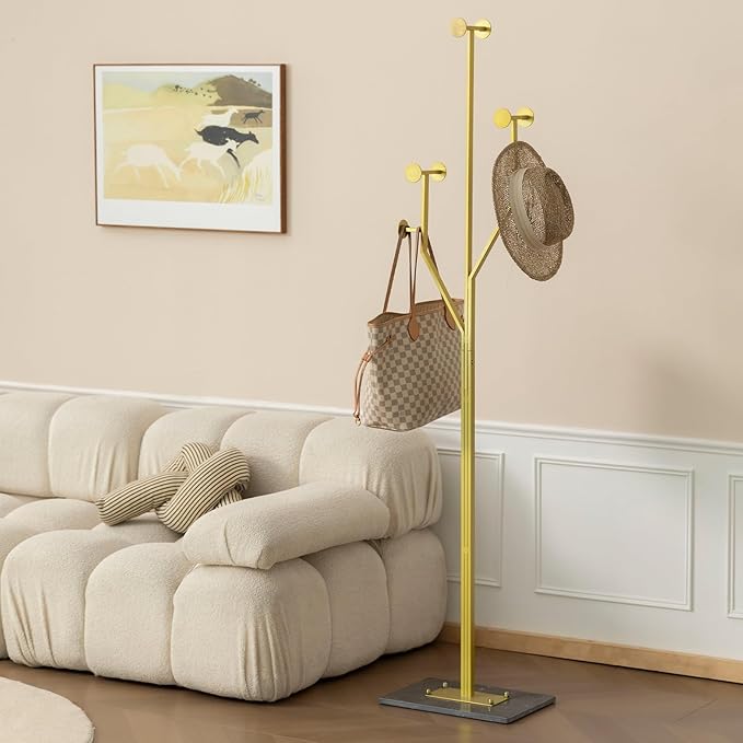 JIAYUEJU Heavy Duty Coat Rack Tree-shaped Metal Freestanding Coat Tree with Sturdy Marble Base Corner Coat Rack for Bedroom Entryway Hallway 14.96 x 10.24 x 68.9 Inches (Gold)