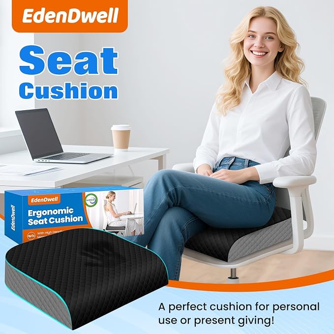 Seat Cushion, Memory Foam Chair Pad for Sciatica & Hip Pain Relief, Non-Slip Cushion for Office, Home, Car, Large Desk Chair Cushion, Washable Cover & Handle, Large, Black