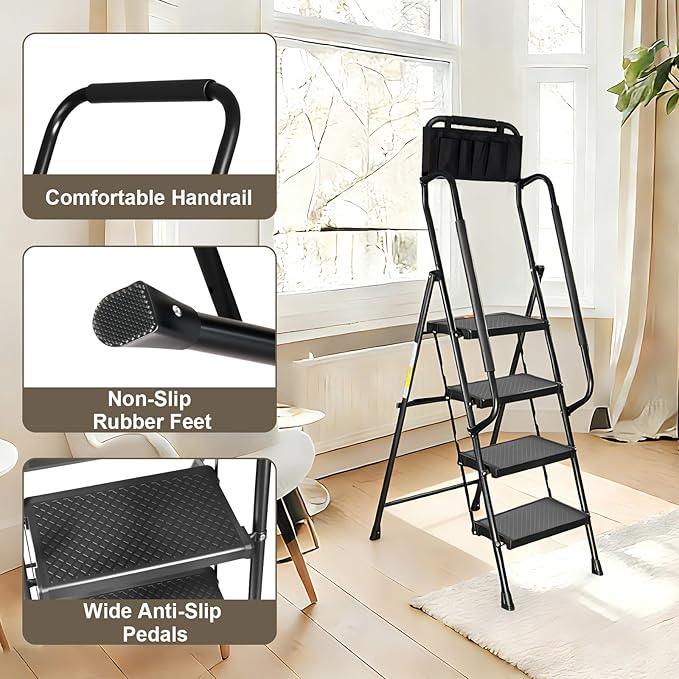 Valeo 4 Step Ladder with Handrails,500 Lbs Capacity,Folding Step Stool Ladder with Attachable Tool Bag,Lightweight & Storage Step Ladder 4 Step Folding,Multi-use for Home,Kitchen,Office,Black