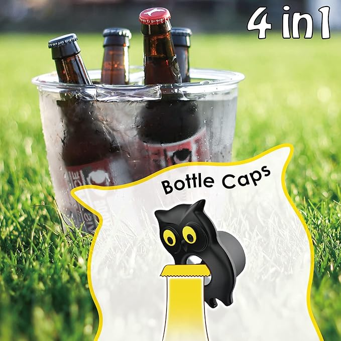 4-in-1 Manual Owl Bottle Opener - BPA-Free Multi-Function Opener for Bottle Caps, Jars, Pull Tabs & Twist Caps, Ergonomic Design for Kids, Seniors & Weak Hands (Black)