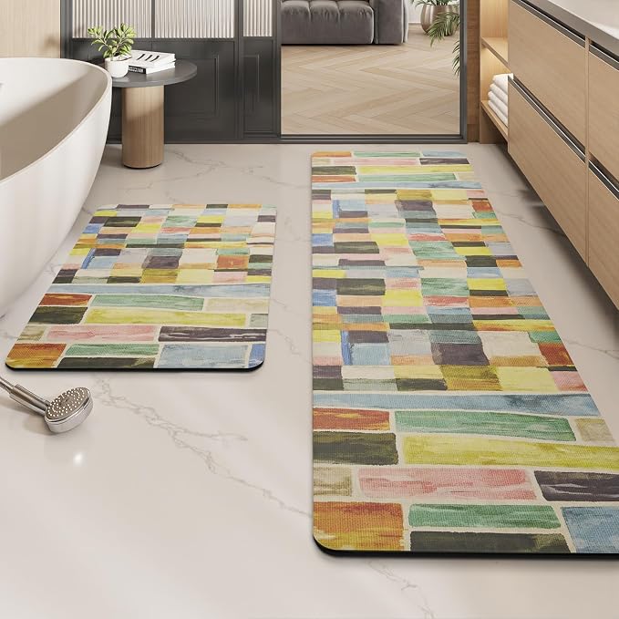 MontVoo -Bath Mat-Non Slip Thin Bathroom Rugs Fit Under Door- Quick Dry Absorbent Faux Suede Surface Grey Bathroom Floor Mats-Shower Rug for in Front of Bathtub Shower Colorful Plaid 16x24