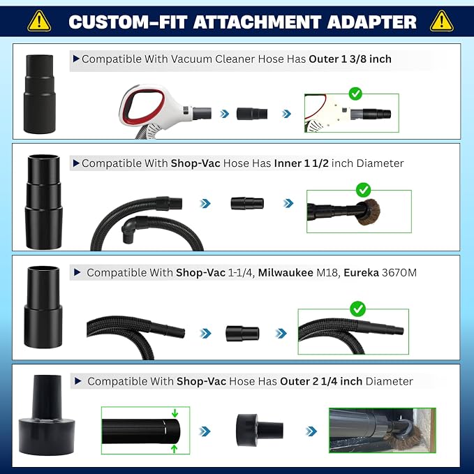 Vacuum Attachments & Brushes for Shop-Vac with Hose Adapter – Vacuum Attachments Compatible with Shop-Vac Hose 2-1/2'' & 1-1/4'' - Horse Hair Dust Brush, Upholstery Tool, Crevice Tool and More