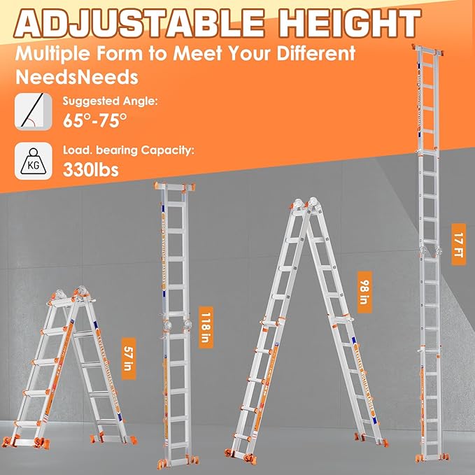 LEVELEVE Telescoping A Frame Ladder, 17FT Multi Position Ladder with Stabilizer Bar & Wheels,330 lbs Security Load for Stairs Home Indoor Outdoor Roof
