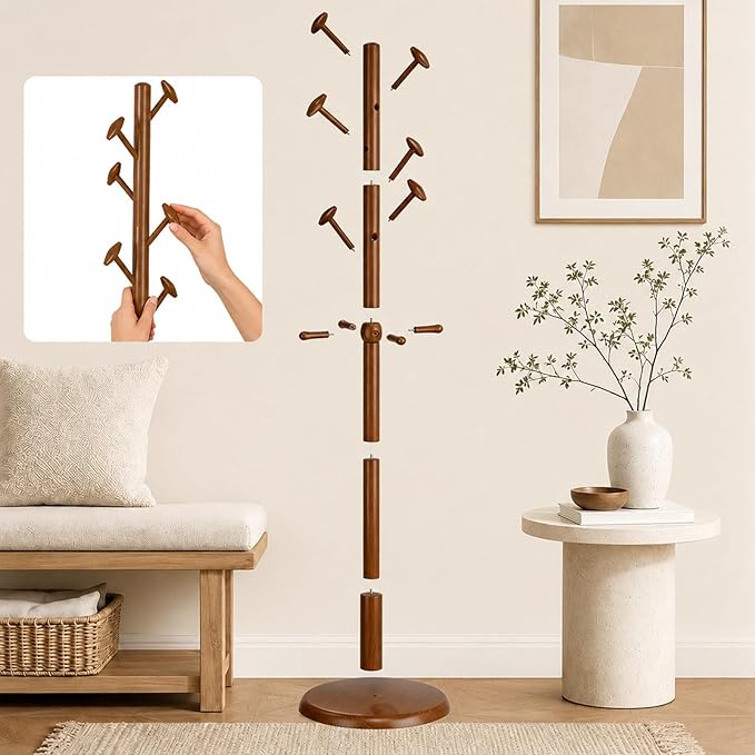 Taitiy Solid Wood Coat Rack Freestanding Coat Tree with 10 Hooks for Bedroom, Livingroom, Entryway, Sturdy Coat Hanger Stand for Hats, Coats, Scarves, Handbags, Purses
