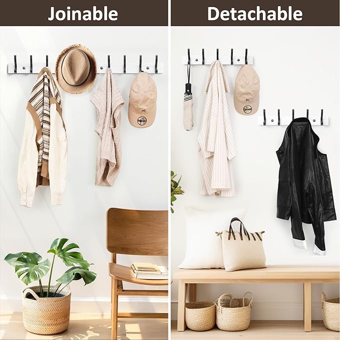 Optish Coat Rack Wall Mount, 16.5 Inches Wood Coat Hooks Wall Mount, Wall Coat Rack with 5 Hooks, Hat Rack Wall Hooks for Hanging Coat, Bag, Towel (2Pack, White)