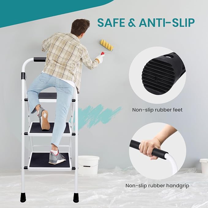 OLIXIS 3 Step Ladder, 330lbs Capacity Foldable Step Stool with Anti-Slip Pedal, Sturdy Steel Ladder & Comfortable Handrail, Protable Heavy Duty Step Stool for Kitchen, Garage, Outdoor Use - Black