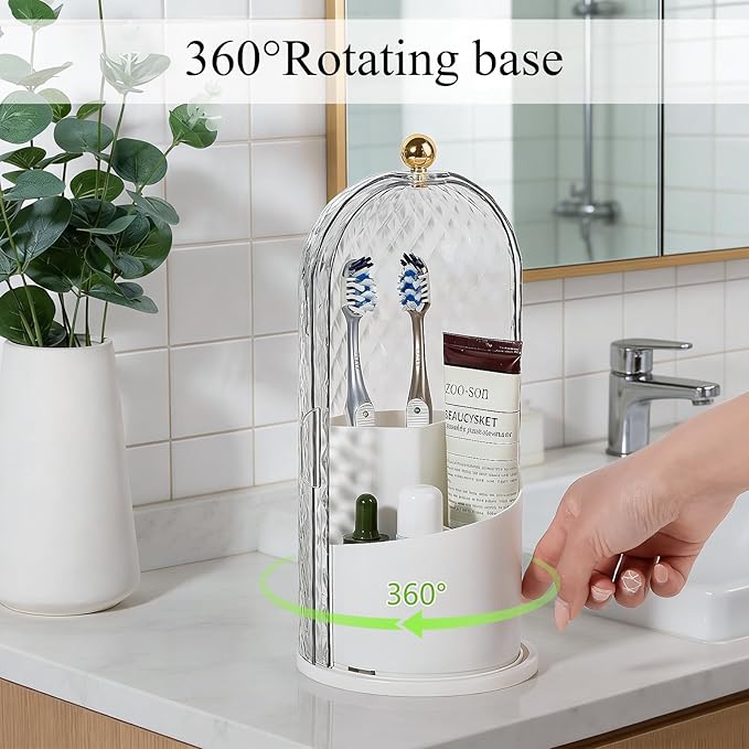 Toothbrush Holder with Cover for Bathroom Countertop, Rotating Organizer for Electric Tooth Brush and Toothpaste, 3-Slot Makeup Brush Storage, Self-Draining Vanity Counter Organizer White
