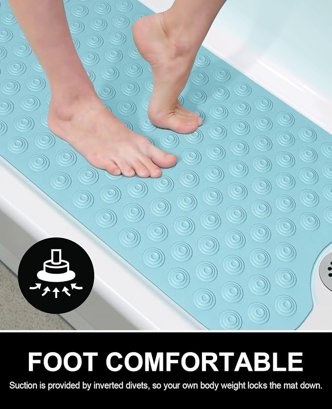 OTHWAY No Suction Cup Bath Mat: 39x16 inch Extra Long Bathmat│Perfect for Refinished or Ordinary Bath Tubs│Made of Nature Rubber│a Blessing for The Elderly and Children (Lake Blue)