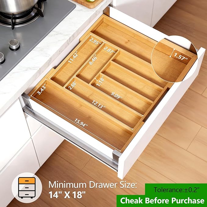 Pipishell Bamboo Expandable Silverware Drawer Organizer, Adjustable Kitchen Utensil Tray for Forks, Spoons and Knives, Wood Storage Cutlery Holder for Bedroom and Living Room