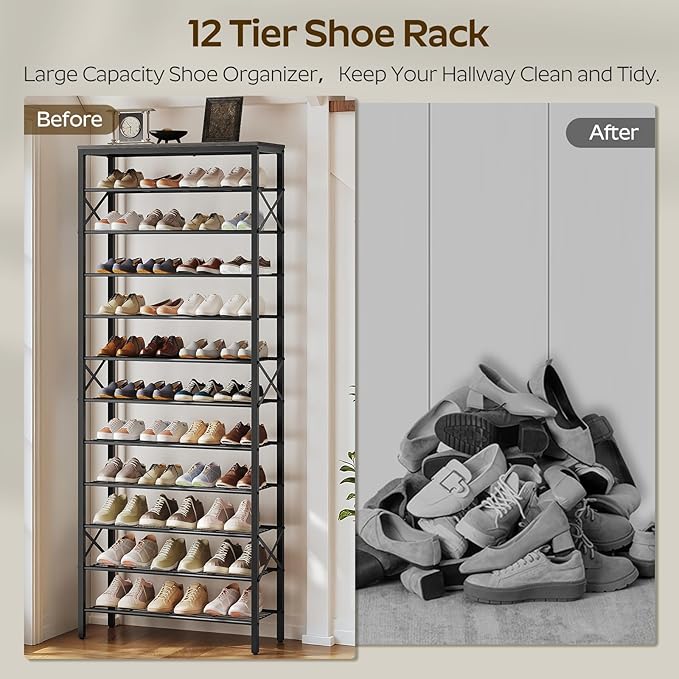 YATINEY 12 Tier Shoe Rack, Large Capacity Shoe Storage Organizer Holds 48 Pairs, Sturdy and Stable, for Entryway, Hallway, Closet, Dorm Room, Charcoal and Black SS12BC