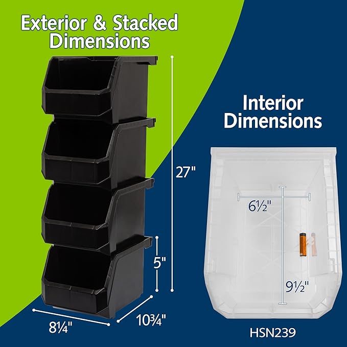 ReadySpace Plastic Containers for Organizing and Storage Bins for Drawers, Desks, Office Organization, and Garage, Stackable Bins, Medium-Tall (7" x 11" x 8"), 4-Pack, Black