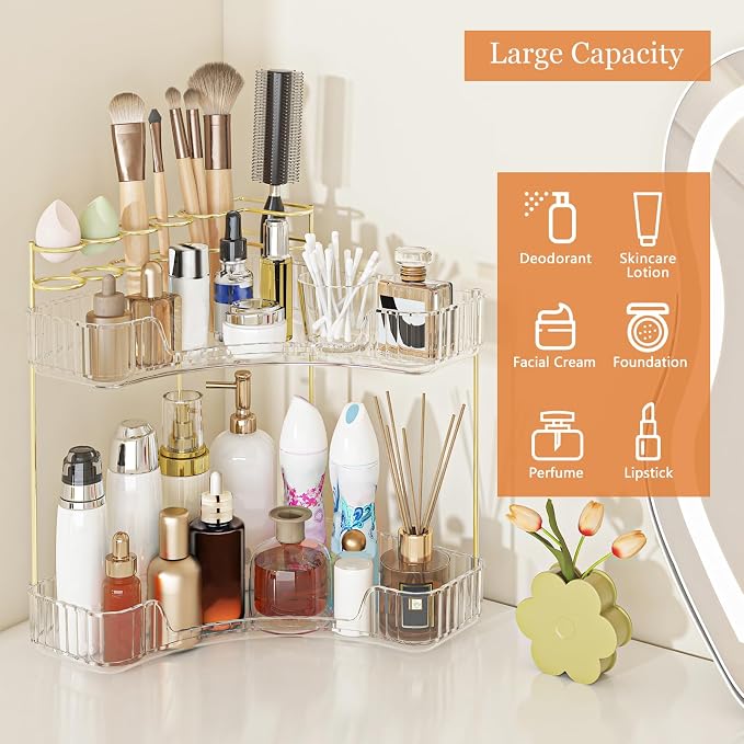 Webetop Corner Makeup Organizer for Vanity, 2 Tier Bathroom Cosmetics Organizer Countertop with Make up Brush Holder Corner Counter Storage Skincare Organizer for Bathroom Dresser Toiletry(Clear)