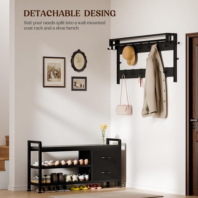 Lulive Hall Tree with Bench and Shoe Storage, 39.4” Entryway Bench with Coat Rack freestanding, 5 in 1 Entryway Furniture Organizer Large Coat and Shoe Rack with 21 Hooks and Drawers, Black