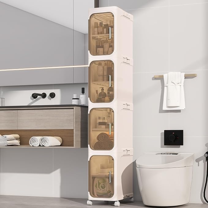 4-Tiers Slim Bathroom Storage Cabinet, Foldable Storage Cabinets,Narrow Bathroom Storage,Movable Bathroom Storage Organizer for Small Spaces,Bathroom,Kitchen,Laundry, Beige