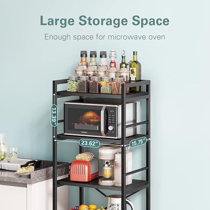 Denkee 5-Tier Bakers Rack for Kitchen with Storage, Industrial Microwave Stand Shelf, Coffee Bar for Small Spaces, Free Standing Kitchen Storage Shelf Rack, 23.62" L x 15.75" W x 60.24" H, Black