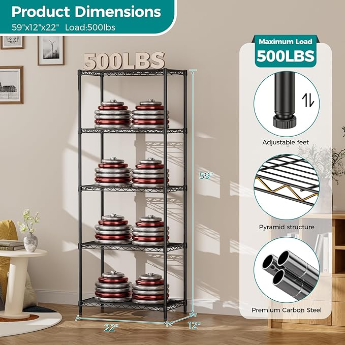 SINGAYE Shelf Wire Shelving Adjustable Storage Shelves Rack Standing Units for Kitchen Closet Laundry Bathroom Organizers Metal Pantry Narrow Mesh Gaps 12" D x 22" W x 59" H Black