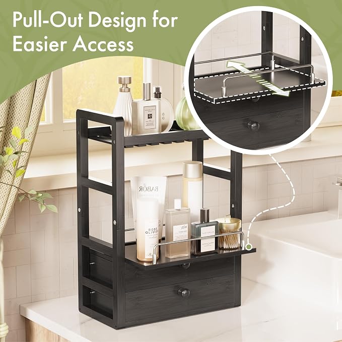 AmazerBath Bamboo Bathroom Countertop Organizer, 2-Tier Makeup Organizer with 2 Drawers, Vanity Organizer Storage Coffee Matcha Station, Compact Shelf for Bathroom Kitchen Office, Black