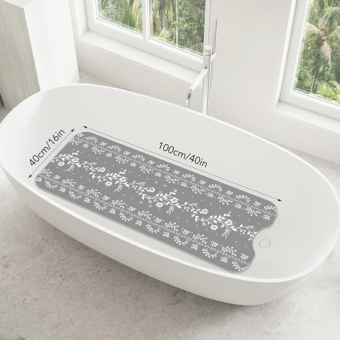 SHUCHING Gray Bath Mat for Tub Non Slip for Women-40 X 16 Inch, Flower Non Slip Bathtub Mat for Adults & Elderly Mold Free, Long Shower Mat for Inside Shower with Suction Cup, Machine Washable