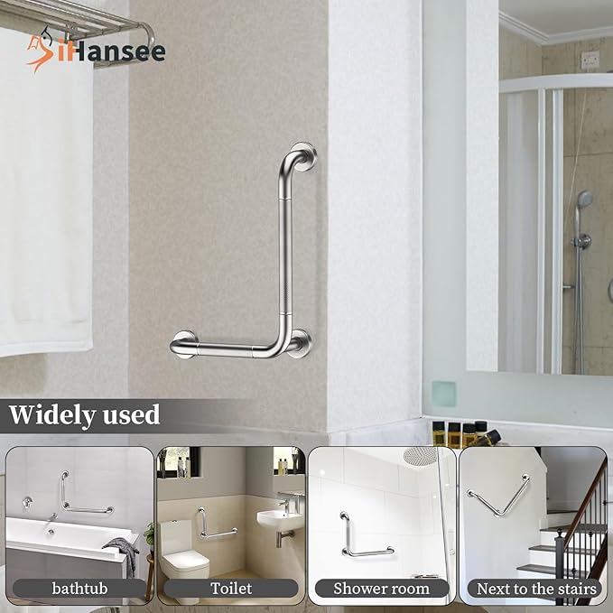 L-Shaped Angled Grab Bar 12x16 Inch Brushed Nickel Anti-slip Knurled Shower Handle Wall Mount, Stainless Steel Shower Bar for Seniors Injured Balance Support, Handicap Grab Bars for Bathtubs & Showers