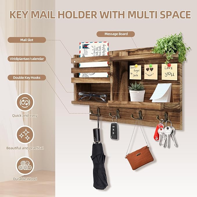 Key Holder Wall Mount, Solid Wood Key and Mail Organizer for Wall(Self Adhesive or Drill), 8 Hooks Key Rack for Entryway Hallway Bedroom Farmhouse Home Decor (Burnt Brown)