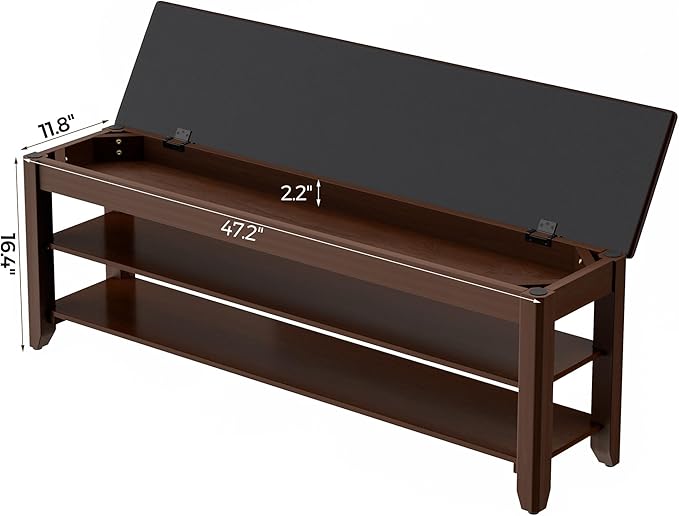 Homleke Shoe Rack Bench with Flip-Top Storage, Solid Wood Entryway Bench with Cushion, Adjustable Shelf, for Hallway, Mudroom, Closet – Walnut, 47.2"