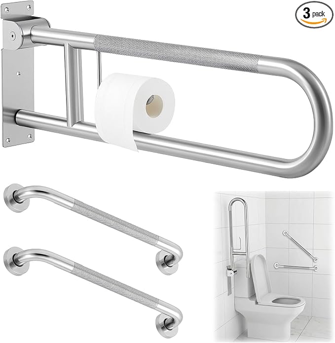 Zonon 3 Pcs Shower Grab Bar Set 30.3 Inch Flip-up Toilet Grab Bar with Paper Holder, 2 Pcs 16 Inch Stainless Steel Shower Handles for Elderly, Disabled, Pregnant Anti-Slip Safety Bathroom Handrails
