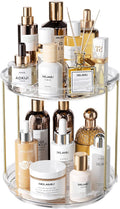 Delamu Rotating Makeup Organizer for Vanity, 2 Tier Bathroom Counter Organizer with Stackable Design, Spinning Skincare Organizer for Bathroom Countertop, Perfume Cosmetic Storage, Clear