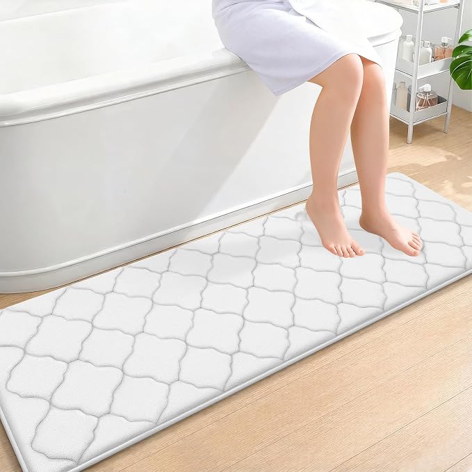OLANLY Memory Foam Bath Mat Rug 59x20, Ultra Soft and Absorbent Bathroom Rugs, Non-Slip, Comfortable, Machine Washable Bath Carpet for Bathroom Floor, Tub, Shower and Home Decor Accessories, White