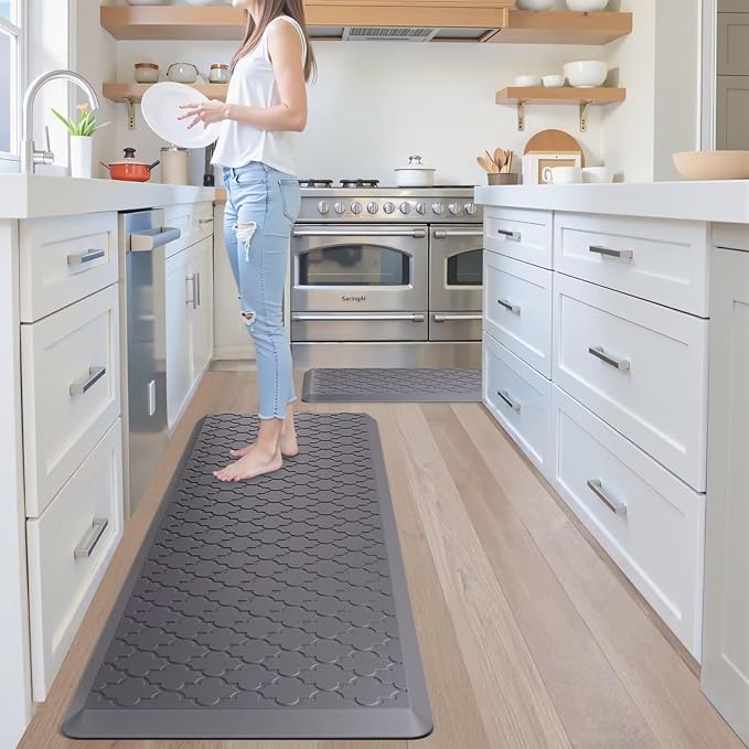 Kitchen Mats for Floor 2 Piece - Anti Fatigue Mats for Kitchen Floor - Non Slip Cushioned Rugs for Standing, Office, Sink, Laundry, Grey