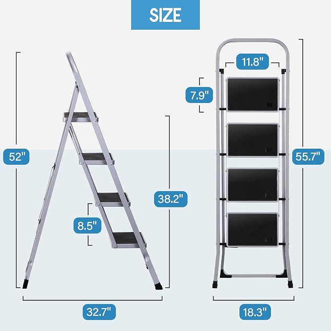 ZENY 4 Step Ladder Folding Step Stool with Wide Anti-Slip Pedal, Convenient Handgrip, Portable Steel Step Stool, 330 lbs Sturdy Steel Ladder for Household and Office, Gray