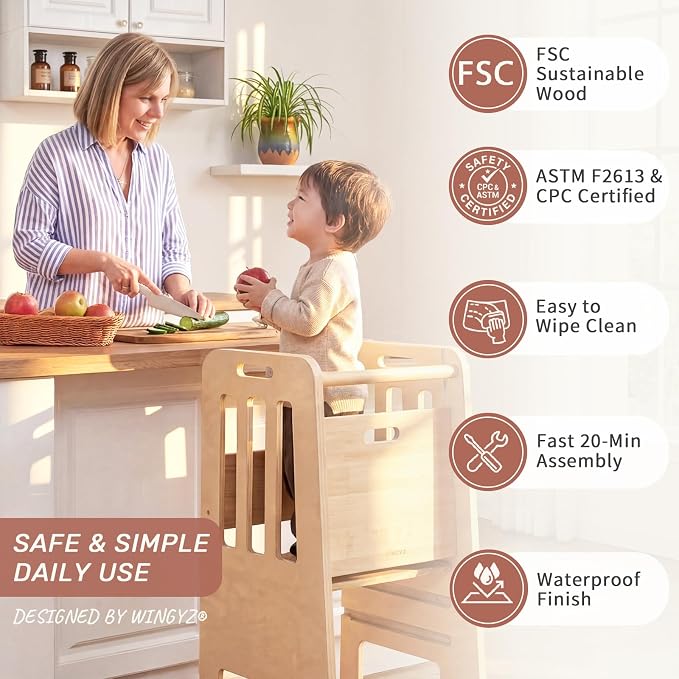 WINGYZ Toddler Tower - Anti-Tip Natural Wood Learning Stool Helper for Kids 18M-6Y, 150lb Capacity Kitchen Stool with 3-Height Adjustable Platform and Sliding Door Access, 20lb Portable Design, Wood