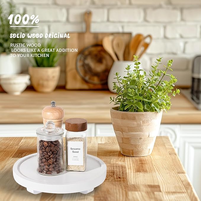 Round Decorative Tray Wood Bathroom Counter Organizer Farmhouse Kitchen Decor Wooden Riser for Soap Dish, Perfume, Candle, Sponge, 8" - White