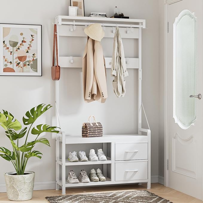 Lulive Hall Tree, 31.5” Entryway Bench with Coat Rack freestanding, 5 in 1 Intelligent Design Shoe Bench and Wall Rack 17 Hooks and Drawers (White)