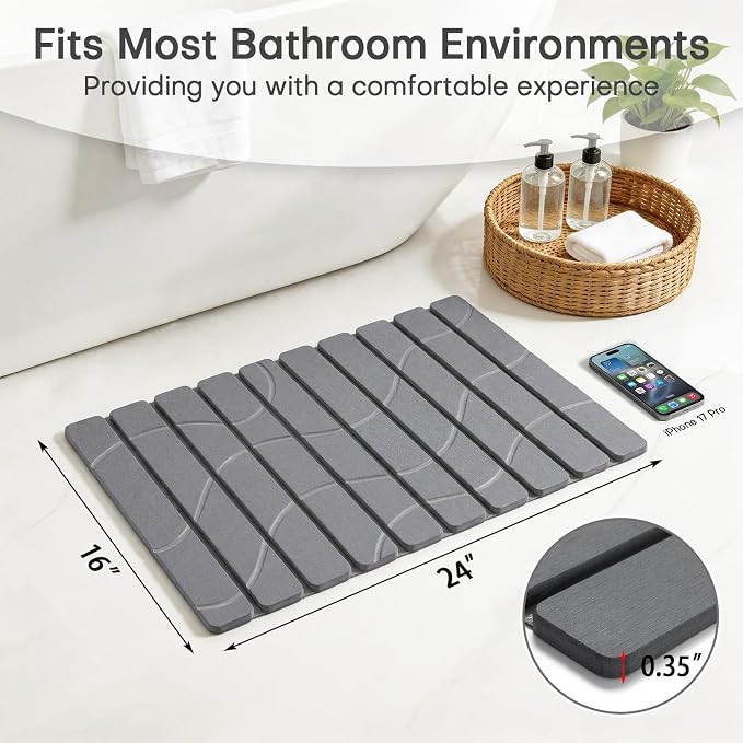 Linidcoud Foldable Stone Bath Mat, Non Slip Large Diatomaceous Shower Mat, Super Absorbent Quick Drying Stone Mat for Bathroom Kitchen Floor Counter Sink,Easy to Clean & Store (24" x 16" Dark Gray)