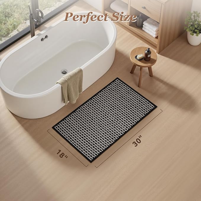 AMOAMI Unique Woven Bath Mat, Super Absorbent Non Slip Bath Mats for Bathroom Floor Textured Bathroom Mat Quick Dry Washable Bath Rug Boho Thin Rugs for Bathroom Beside Tub, 18" x 30", Black