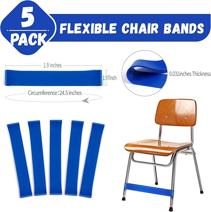 5 Pack Chair Bands for Kids with Fidgety Feet, ADHD Tools for Kids, Improve Focus & Reduce Restlessness, Chair Bands for Sensory ADHD ADD Autism - Classroom & Home Must Haves (Blue)