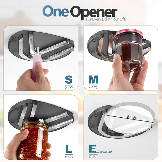 Mount-on Cabinet Jar Opener for Weak Hands,Seniors with Arthritis,Double U Shaped Grooves Grip Bottle Opener for Any Size Lid,304 Stainless Steel One-Handed Can Opener Tool for Home Assistance,Black