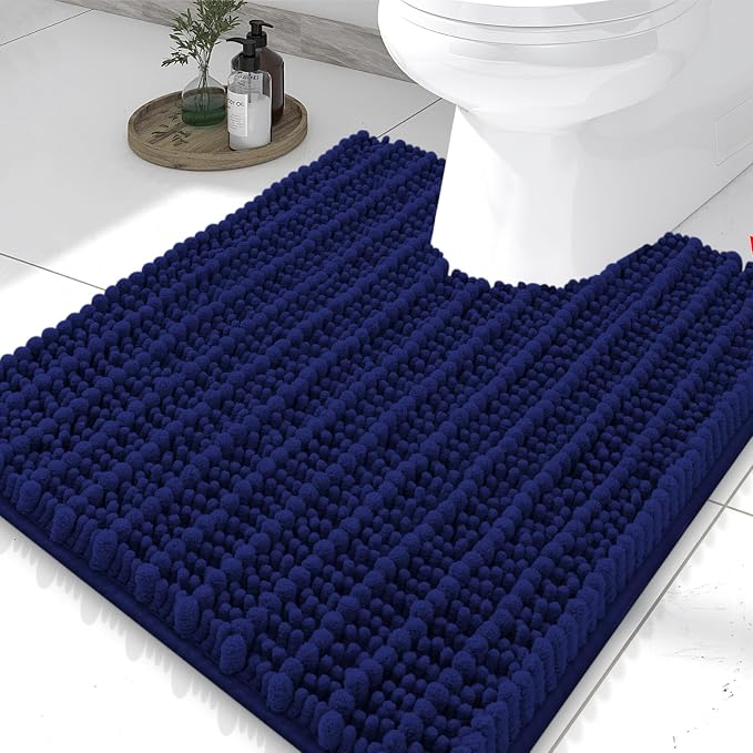 Smiry Bathroom Toilet Rugs U Shaped 24x20, Extra Soft Absorbent Non Slip Rubber Backing Chenille Contour Bath Rugs for Toilet, Machine Washable Contoured Bath Mats, Navy Blue