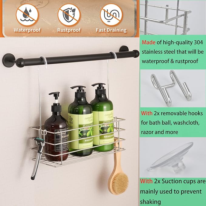 Shower Caddy Hanging Shower Rack SUS304 Stainless Steel Hanging Shower Orangizer with Hooks Over The Door, Shampoo Basket Storage (Single-Layer)