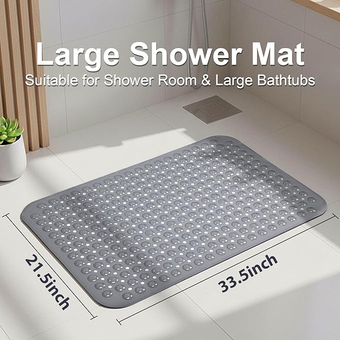 Large Shower Mat 21.5x33.5 Inch Grey, Soft Non Slip Shower Mats for Inside Shower with Big Suction Cups Drain Holes, Extra Large Bath Bathtub Mat Floor Stall Mats, BPA-Free, Easy Clean