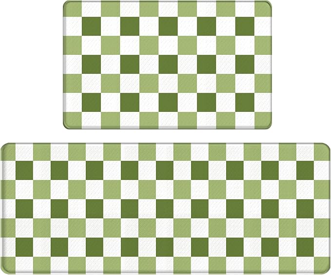 Bulijojo Green Plaid Anti Fatigue Kitchen Floor Mats Set of 2 Waterproof Kitchen Sink Runner Rug Standing Mat Cushioned Kitchen Rugs Comfort Doormat 17"x47"+17" x30“