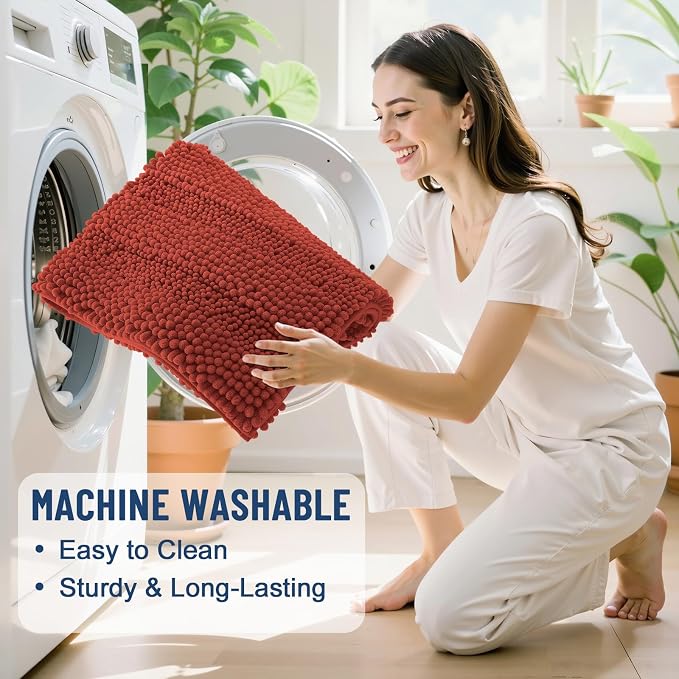 Grandaily Chenille Striped Bathroom Rugs 36x24, Extra Thick and Soft Absorbent Bath Mats, Rubber Backing, Plush Shaggy Shower Carpet, Machine Wash Dry, Bath Rug for Bathroom, Rustic Terracotta