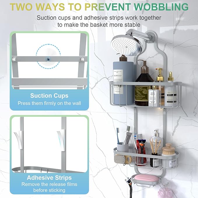 Bathroom Hanging Shower Organizer, Over Head Shower Caddy Shower Storage Rack Basket with Hooks for Razor and Sponge Rustproof, Silver [Patented]