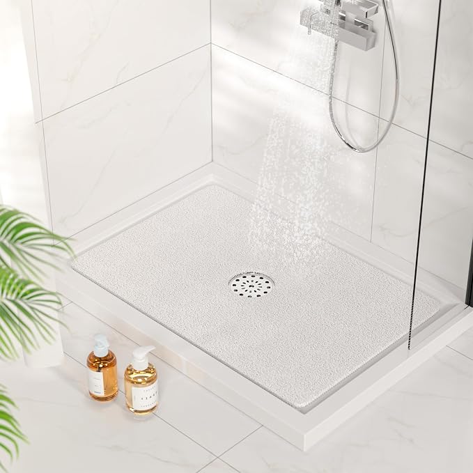 HITSLAM Shower Mat with Center Drain Hole, 24 x 16 Inch Non Slip Bath Mat for Textured Tub, Soft Loofah-Style Bathtub Mat Without Suction Cup, Quick Drying Stall Floor Mat, Bathroom Accessories, White