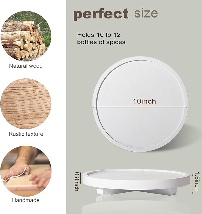 Round Decorative Tray Wood Bathroom Counter Organizer Farmhouse Kitchen Decor Wooden Riser for Soap Dish, Perfume, Candle, Sponge, 10" - White