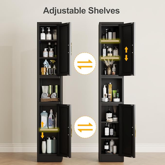Ckzbx Tall Narrow Storage Cabinet 66.93" H Tall Bathroom Cabinets Metal Pantry Cabinet, 4 Adjustable Shelves for Kitchen, Home Office, Living Room, Dinning Room (12 inches Wide Black)