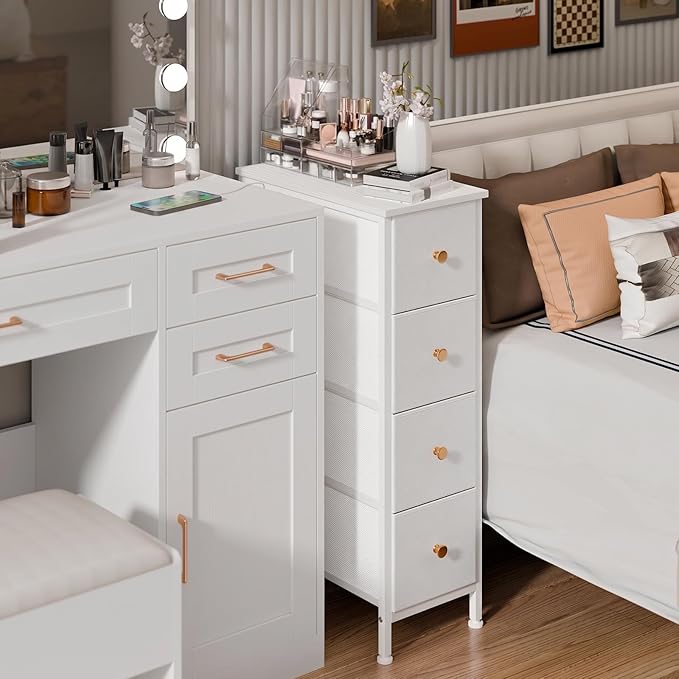 Fixwal Narrow Storage Cabinet, Narrow Nightstand Dresser with 4 Drawers, Slim Fabric Dresser Storage Tower for Small Spaces, White Dresser, for Bedroom, Bathroom, Laundry, Closet