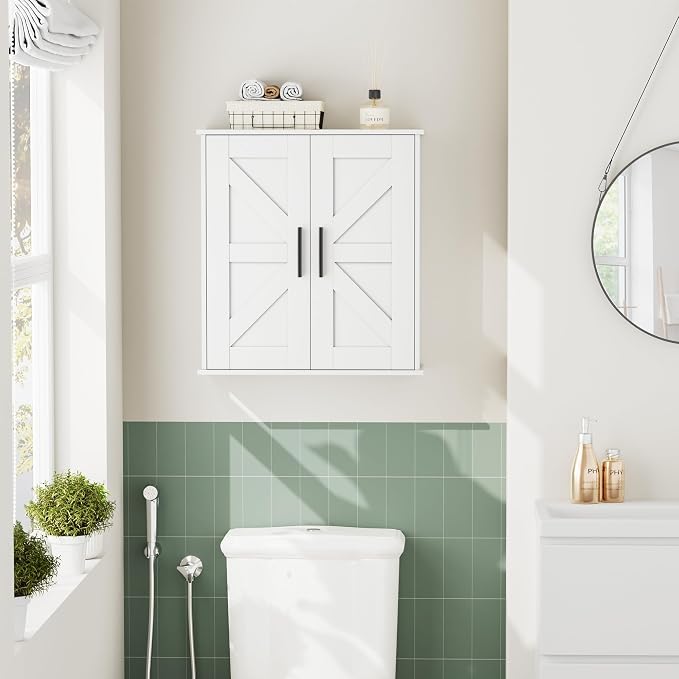 Homleke Bathroom Wall Cabinet, Over Toilet Storage Cabinet with Barn Doors and Adjustable Shelves, 3-Tier Medicine Cabinet Wall Mounted, for Bathroom, Kitchen, Entryway, Laundry Room, White, (7.9" D)