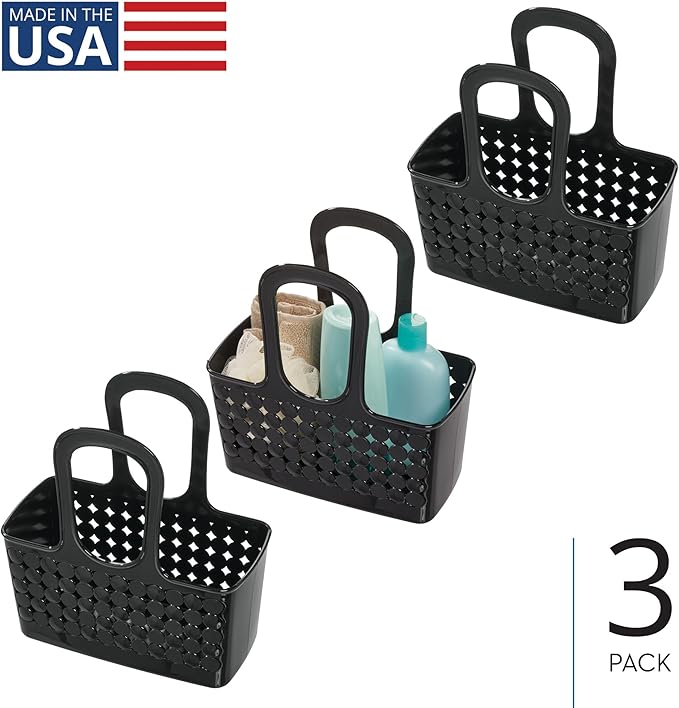 iDesign Portable Shower Tote Caddy for College Dorm or Bathroom, Set of 3, Black, Made in USA